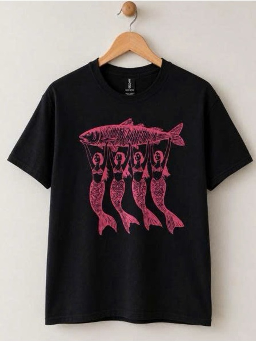 Black Short Sleeve Tee with Pink Mermaid-Fish Graphic